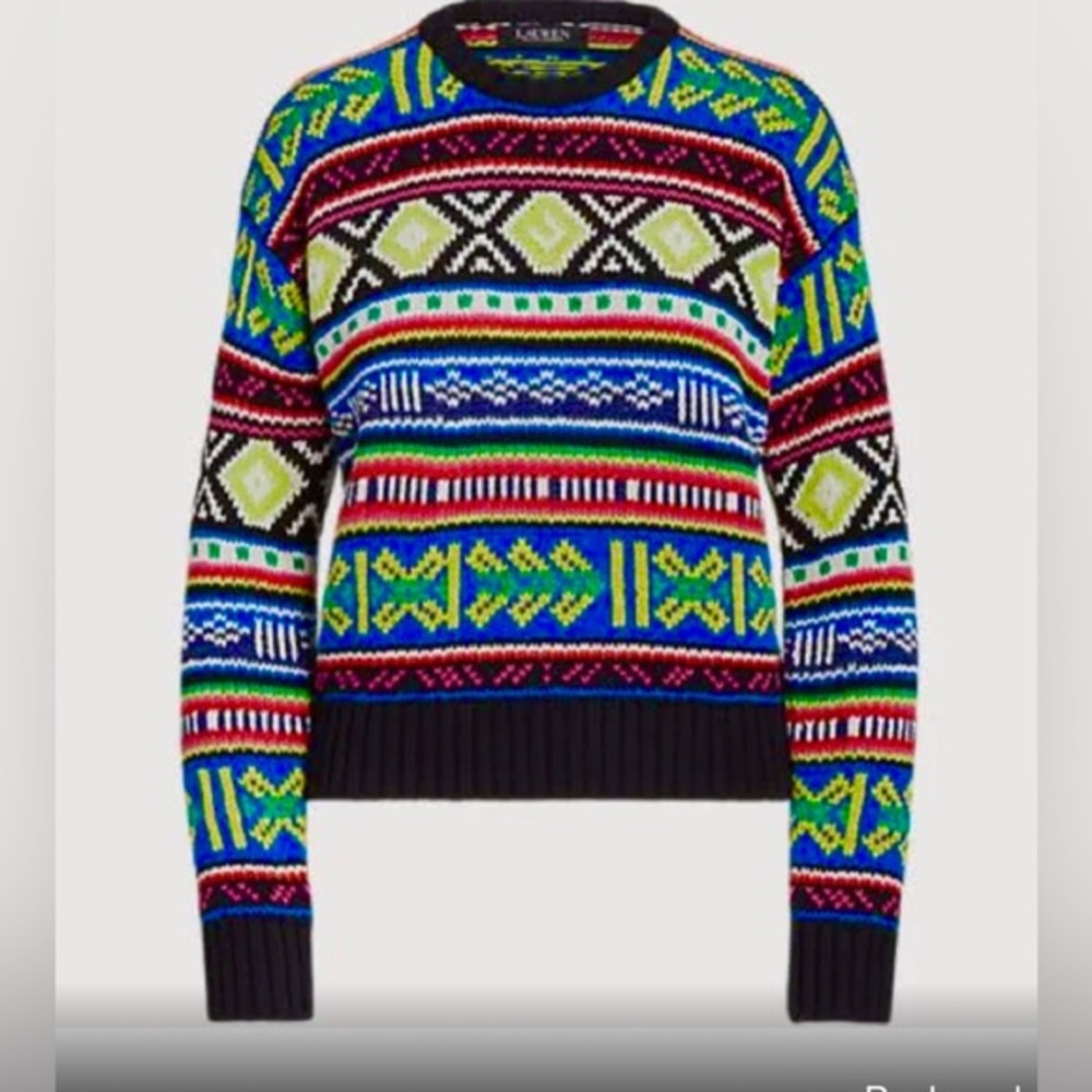 Ralph Lauren Women's Geo-Motif Cotton-Linen Crewneck Multi Sweater Size Large